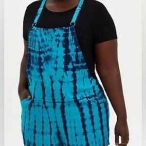 Torrid Stretch Linen Blend Shortall Overalls Tie-Dye Blue Boho Spring